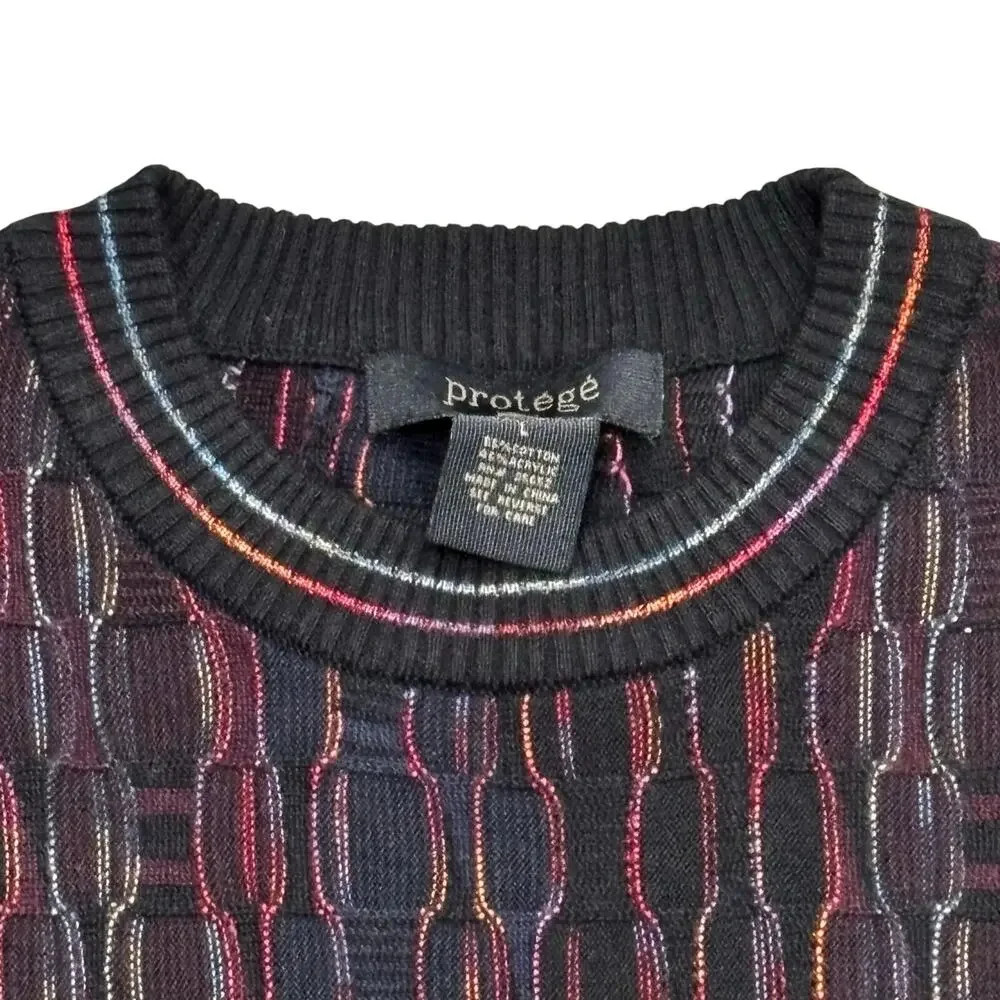 Protege men's pullover sweater black & multicolor long sleeve cotton blend sz L